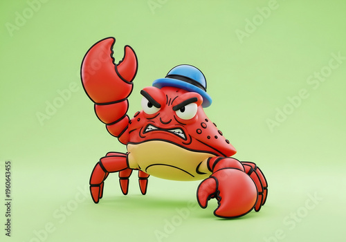 青い帽子を被り怒った赤いカニの3Dレンダリングイラスト