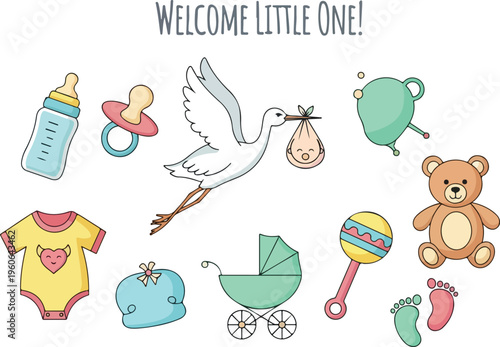 Cute baby shower illustrations featuring a stork, baby bottle, pacifier, onesie, teddy bear, and pram