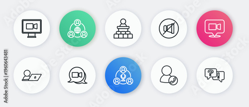 Set line Meeting, Video chat conference, Mute microphone, Speaker, Question and Answer and icon. Vector