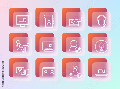 Set line Headphones, Video chat conference, Meeting, and Phone book icon. Vector