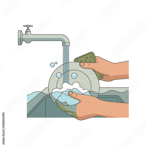 Hands Washing Dishes in Kitchen Sink with Running Water and Suds
