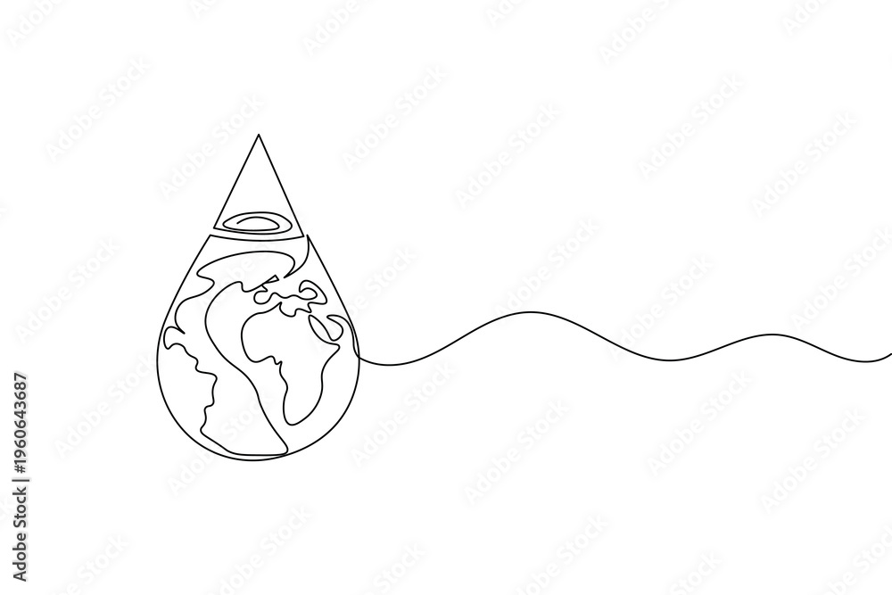 Obraz premium Earth day continuous one line drawing with world map in water drop minimalist vector illustration