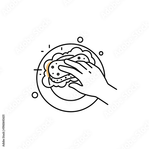 Hand washing a dirty plate with a sponge and soap bubbles, clean dishware concept