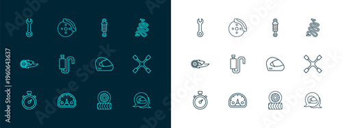 Set line Racing track, Speedometer, helmet, Car tire wheel, muffler, Shock absorber, Wrench spanner and brake disk with caliper icon. Vector