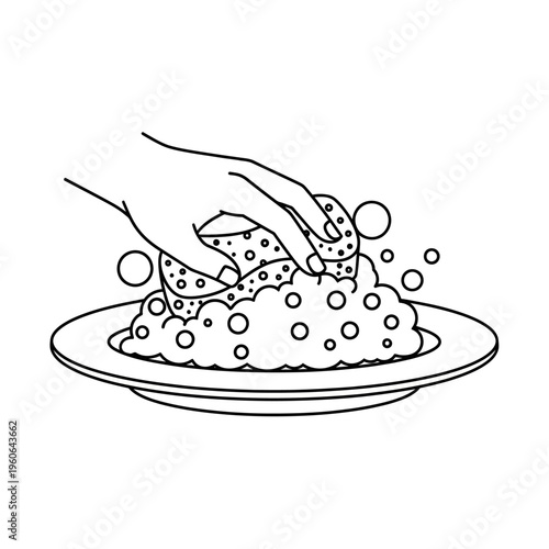 Hand washing dishes with sponge and bubbles, line art illustration