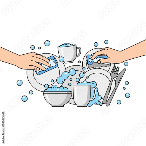 Hands Washing Dishes with Bubbles and Soapy Water