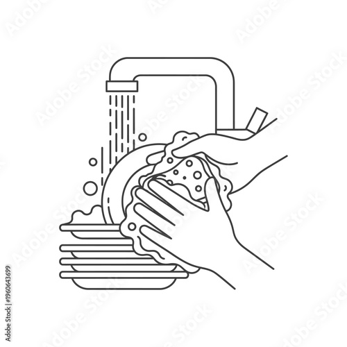 Hand washing dishes with sponge under running water, clean kitchen hygiene concept