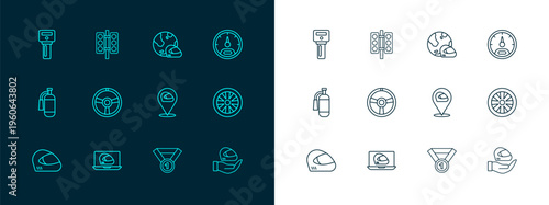 Set line Speedometer, Racing helmet, Medal, steering wheel, Car key with remote and traffic light icon. Vector