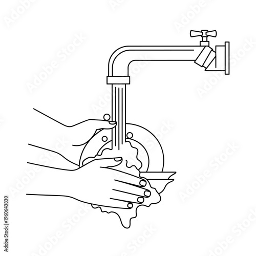 Hands Washing Dish Under Running Water From Faucet - Line Art Illustration