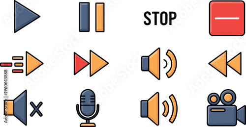 Media Player Control Icons Set with Play Pause Stop Volume Microphone Camera and Audio Video Interface Elements Flat Vector Illustration Collection