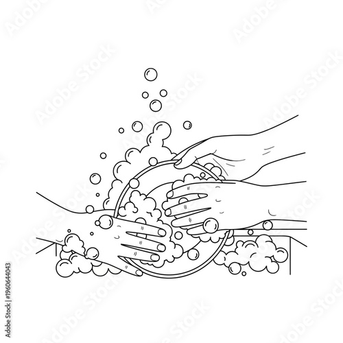 Hands Washing Dishes Together with Soap Suds and Bubbles Line Art