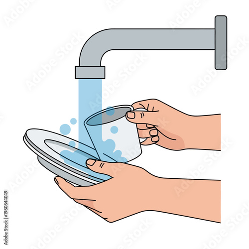 Hands Washing Plate and Mug Under Running Water From Faucet
