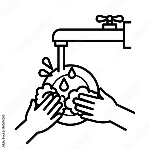 Hands washing dishes under running water from faucet, hygiene, cleaning