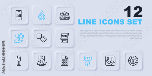 Set line Financial growth decrease, Casino chips, Game dice, with dollar, Hand holding casino, Online sports betting, and Lottery ticket icon. Vector