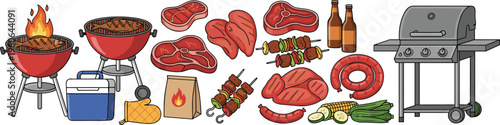 Barbecue vector illustration with grills, cooler, meat, skewers, beer, sausage, corn, and cookout food