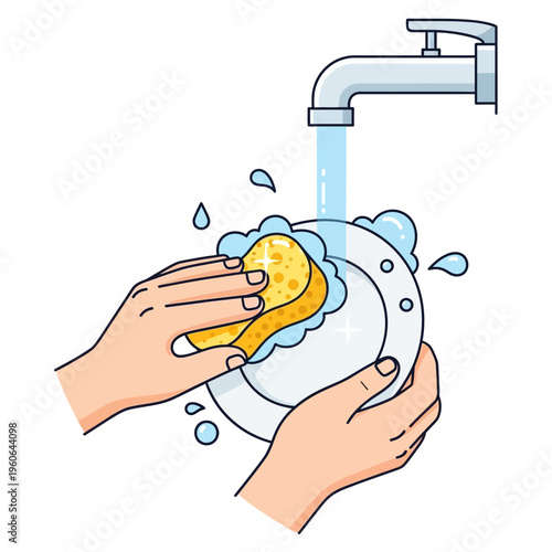 Hands Washing Plate Under Running Water With Sponge