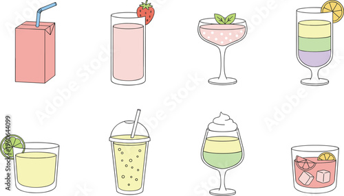 Beverage vector illustration set with juice, smoothie, cocktail, layered drinks, and garnishes
