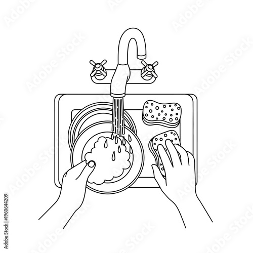 Washing Dishes: Hands Scrubbing Plate Under Running Water in Kitchen Sink