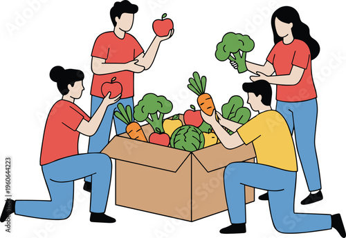 Community food distribution vector illustration with people, fruits, vegetables, teamwork, and healthy eating design