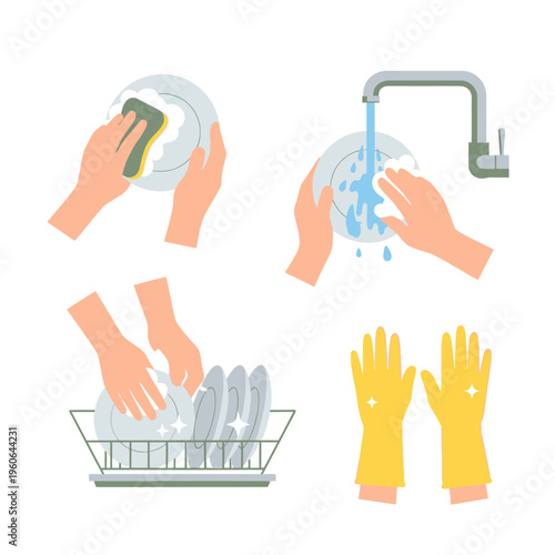 Washing Dishes Set: Hand Cleaning Plates, Rinsing, Drying, and Yellow Gloves