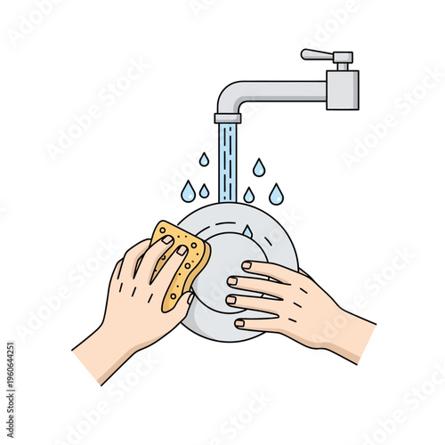 Hands Washing Plate Under Running Water From Faucet with Sponge