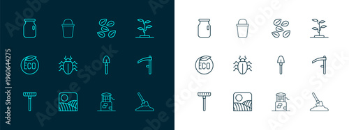 Set line Sprout, Agriculture wheat field farm, Shovel, Well, Colorado beetle, Seeds of specific plant, Glass jar with screw-cap and Bucket icon. Vector