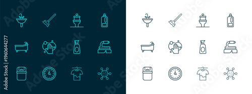 Set line Bottle for detergent, Clock, Cleaning spray with, Drying clothes, Sponge, Toilet bowl, Washbasin and Mop icon. Vector