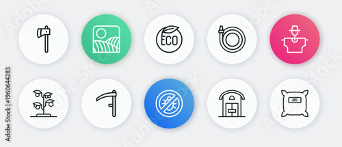 Set line Stop colorado beetle, Scarecrow, Sprout, Farm house, Garden hose, Eco healthy food, Pack full of seeds and Scythe icon. Vector