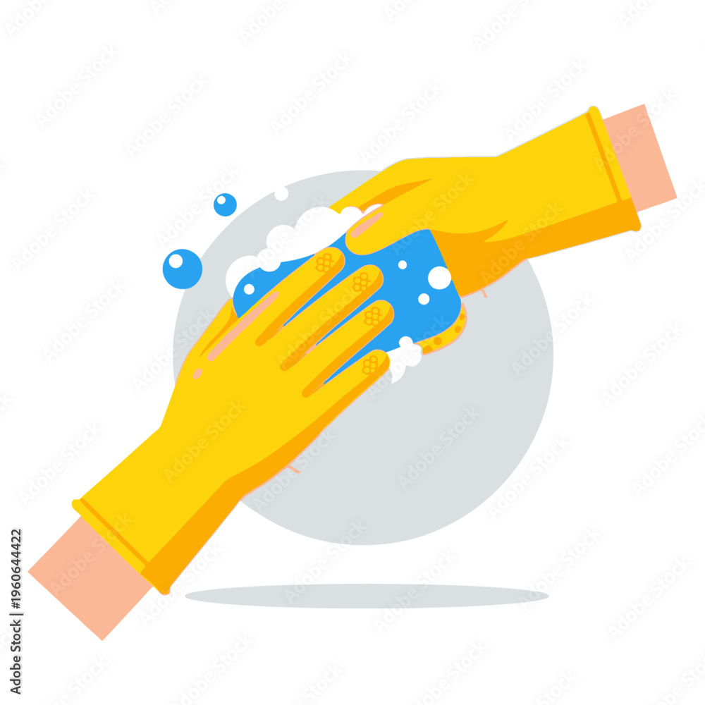 Fototapeta premium Yellow gloved hands cleaning with blue sponge and foam bubbles, hygiene concept