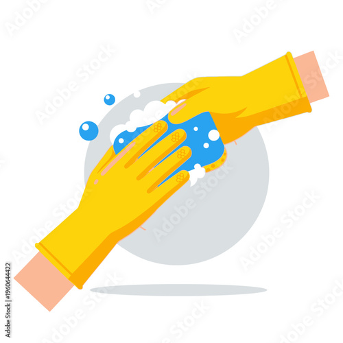 Yellow gloved hands cleaning with blue sponge and foam bubbles, hygiene concept