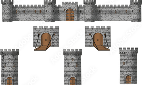 Medieval castle vector illustration set with stone walls, towers, battlements, gatehouses, and drawbridges