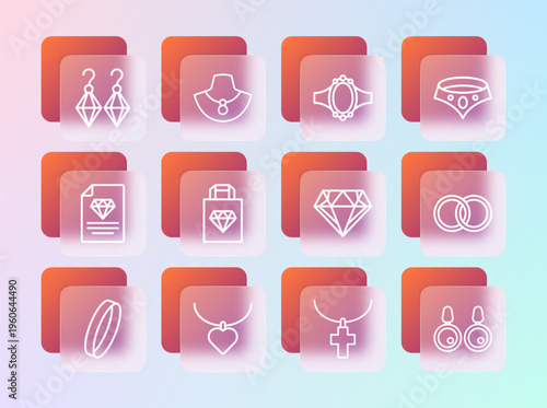 Set line Necklace, with heart shaped, Diamond, Christian cross chain, Shopping bag jewelry, engagement ring, Earrings and mannequin icon. Vector