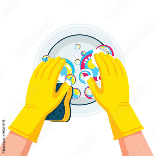 Yellow gloved hands washing a plate with a sponge, bubbles, and suds, top view, illustration