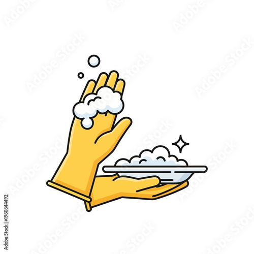 Yellow gloved hands washing dish with soap bubbles, hygiene concept