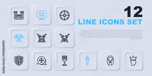 Set line Medieval helmet, King crown, Shield with swords, Torch flame, Crossed medieval axes, Crusade, and goblet icon. Vector