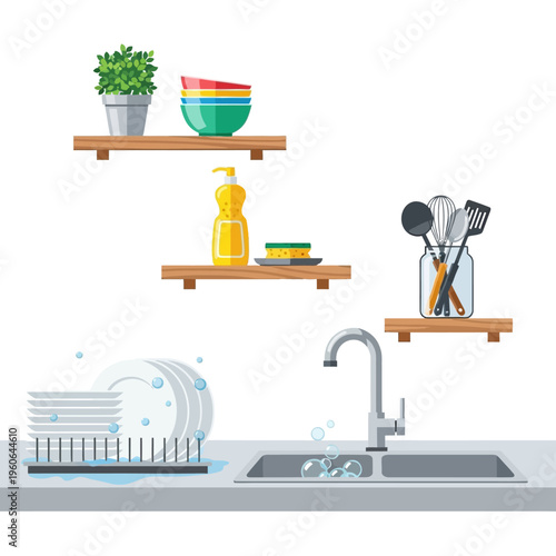 Kitchen sink with clean dishes drying, faucet, soap, sponge and utensils on shelves.