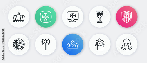 Set line King crown, Shield, Round wooden shield, Medieval throne, goblet, Crusade, helmet and poleaxe icon. Vector