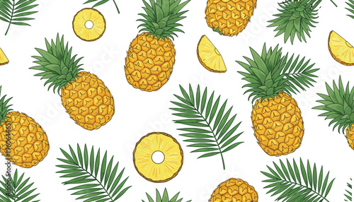 Pineapple tropical pattern vector illustration with slices, palm leaves, and summer fruit design