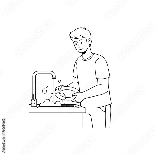 Man washing dishes at kitchen sink with running water and soap bubbles, line art illustration