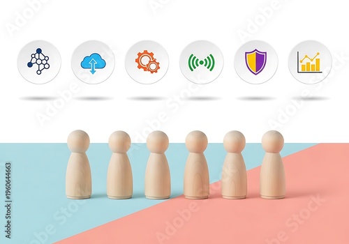 Eight wooden figures standing on colored background with icons above