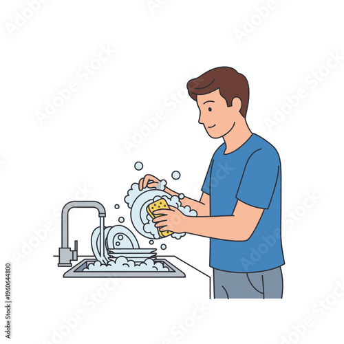 Man washing dishes in kitchen sink with running water and soap suds