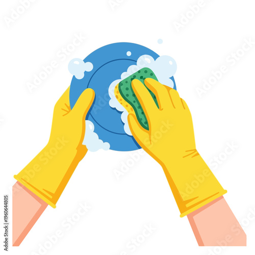 Hands in yellow gloves washing a blue plate with a green sponge and bubbles