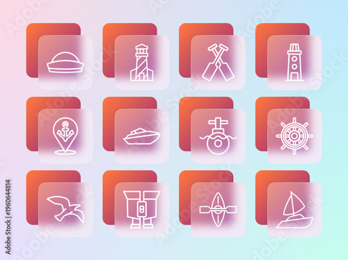 Set line Lighthouse, Binoculars, Submarine, Kayak and paddle, Speedboat, Crossed oars or paddles, Sailor hat and icon. Vector