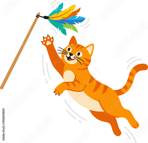 A curious orange cat jumps high to catch a colorful feather toy indoors.