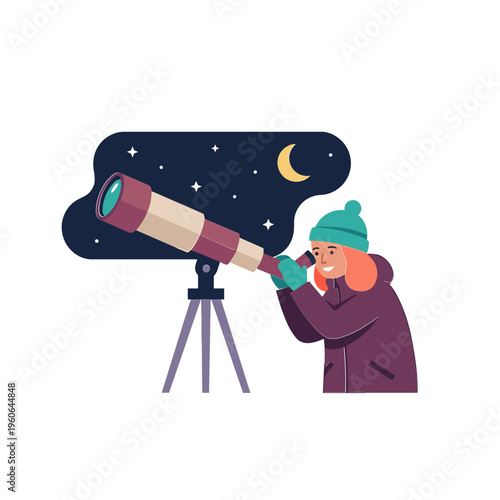 Woman uses telescope to observe night sky with stars and crescent moon.