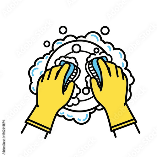 Hands in yellow gloves washing a plate with sponges and soap suds, cartoon style