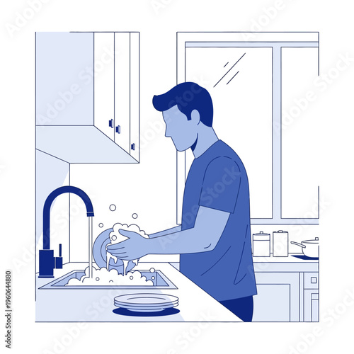 Man washing dishes in kitchen sink with soap and water, clean home chores concept illustration