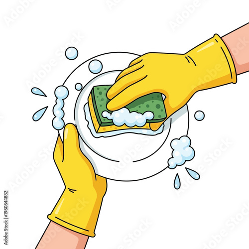 Hands in yellow gloves washing a plate with a sponge and soap bubbles