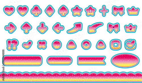 ゲームやWebで使えるポップなアイコン・UIボタン・シームレス飾り罫線セット / Pop game UI button and icon set