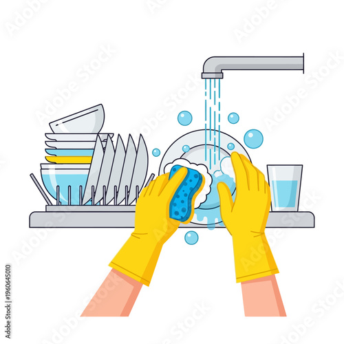 Hands in yellow gloves washing dishes in sink with running water and bubbles